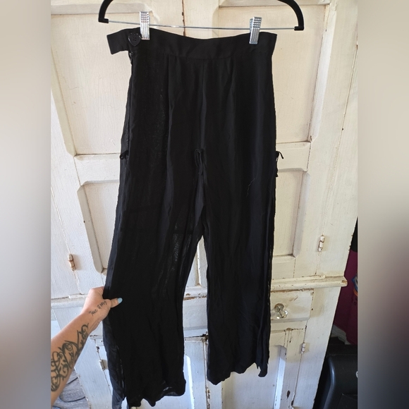 Size 8 Sheer Black Swim Coverup Pants W Cute Ties Down The Side Flowy Vacation - Picture 2 of 5